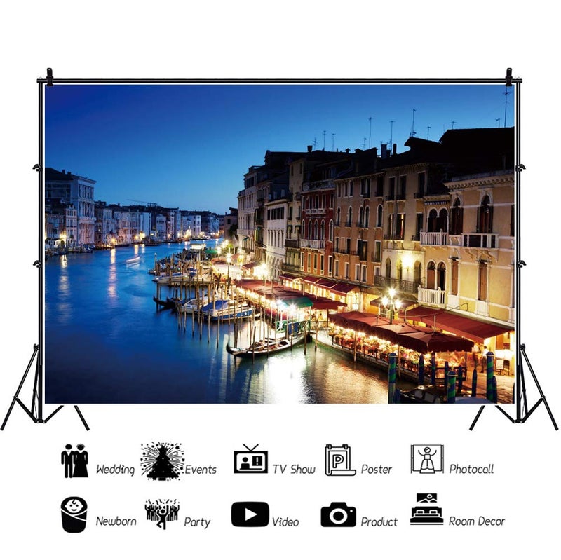 AOFOTO 9x6ft Italy Nightscape Venice Grand Canal Backdrop Europe Travel Water City Night View Lanscape Background Venetian Streets Boats Italian Party Decorations Adult Portrait Photo Shoot Props - Image 3